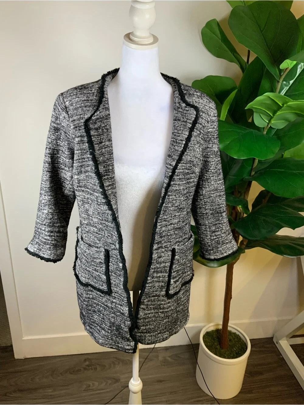 Charles Gray London Tweed Open-Front Blazer with Black Trim